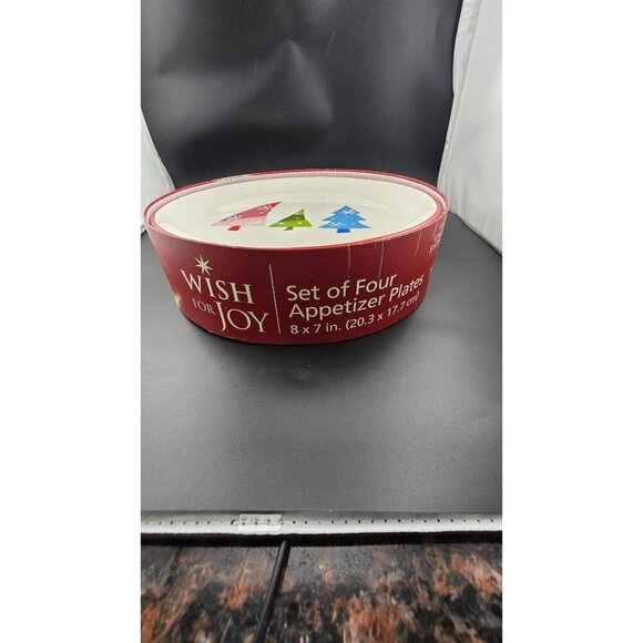 Vintage Sears Hand painted Christmas Tree Appetizer Plates Set 4 Wish for Joy - Picture 5 of 8